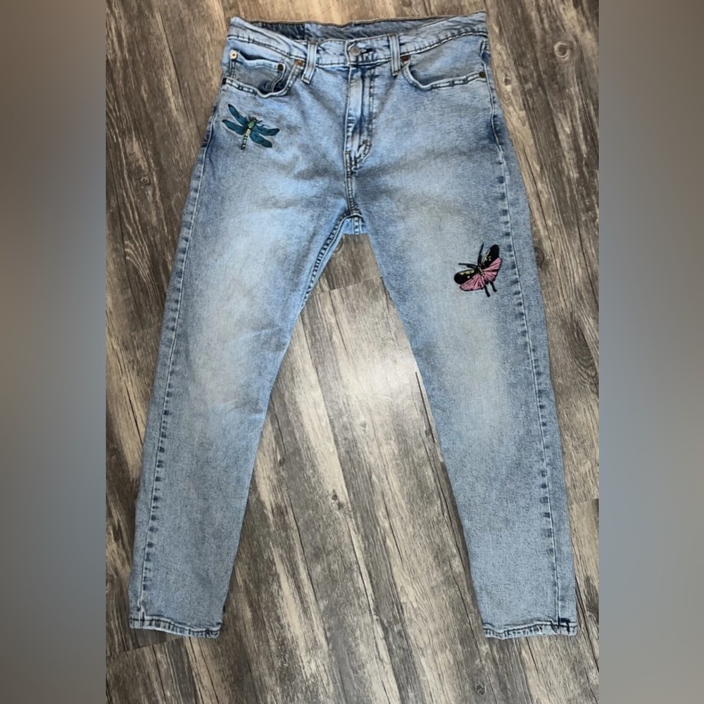 Levis 512 Slim Taper Denim Light Blue Jeans 33x30 Butterfly Bugs Nature Spring